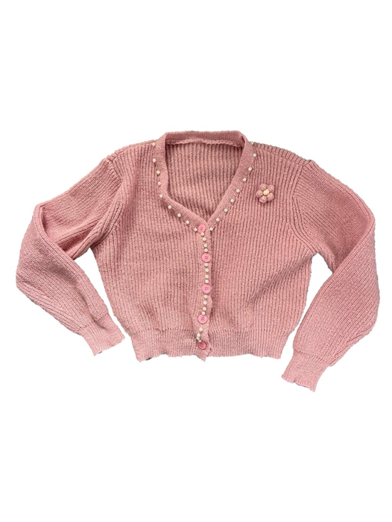 Unbranded Sweaters - Vintage Pink Pearl Trim Knit Cardigan w/ Crochet Flower Small